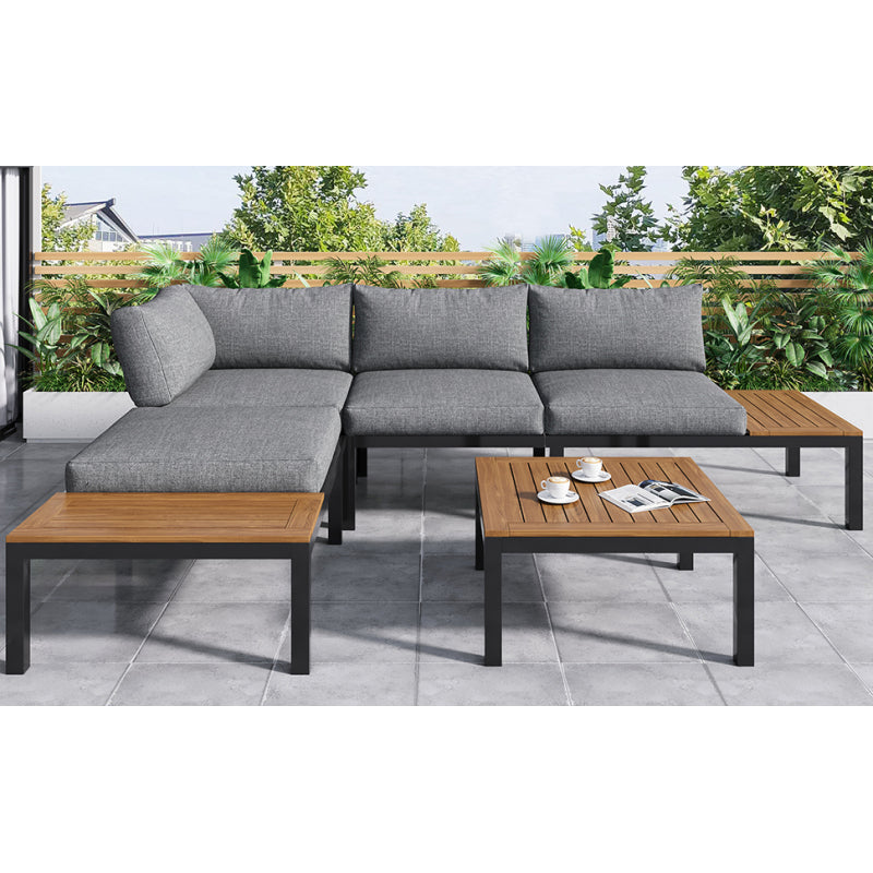 Garten-Lounge-Set (2 Zweisitzer, 2 Beistelltische, 1 Tisch), Tischplatte aus massiver Akazie, Stoffbezug für Rückenlehne, grau(previous sku:HW00005AAE)