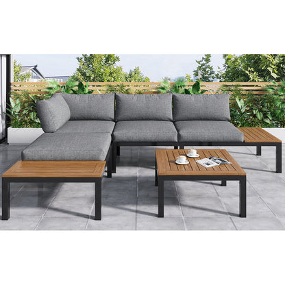 Garten-Lounge-Set (2 Zweisitzer, 2 Beistelltische, 1 Tisch), Tischplatte aus massiver Akazie, Stoffbezug für Rückenlehne, grau(previous sku:HW00005AAE)