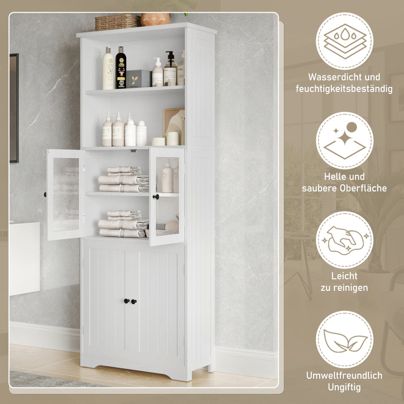 57.5 x 28.5 x 160cm Badezimmer-Hochschrank mit Stauraum, feuchtigkeitsbeständige Farbe, Glasschranktür, Holzschranktür, zwei offene Ablagefächer, verstellbare Trennwände, einfache Textur, weiß