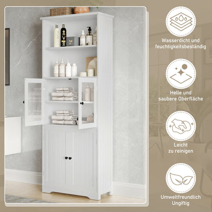 57.5 x 28.5 x 160cm Badezimmer-Hochschrank mit Stauraum, feuchtigkeitsbeständige Farbe, Glasschranktür, Holzschranktür, zwei offene Ablagefächer, verstellbare Trennwände, einfache Textur, weiß