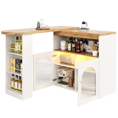 Bartisch ausziehbar 138-193cm, 360° drehbarer Stehtisch mit LED & Glasfront, Bistrotisch mit Regal, Esstisch mit Stauraum, Weiß