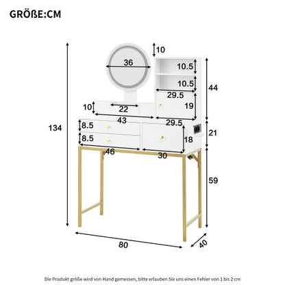 Schminktisch Weiß 80 cm, Frisiertisch mit LED Spiegel, Integrierte Steckdose mit USB & Föhnhalter