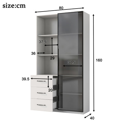 LED-Vitrine, 3 Schubladen und 3 offene Fächer, mehrfarbige LEDs, Bücherschrank, Küchenschränke 80 x 40 x 160 cm