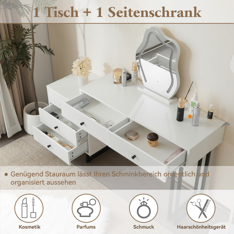 Schminktisch, Kosmetiktisch-Set mit Spiegel und Beleuchtung, ausziehbare Tischplatte, 3-farbige LED-Beleuchtung, Maße: B100/H76/T40 cm (ohne Hocker)