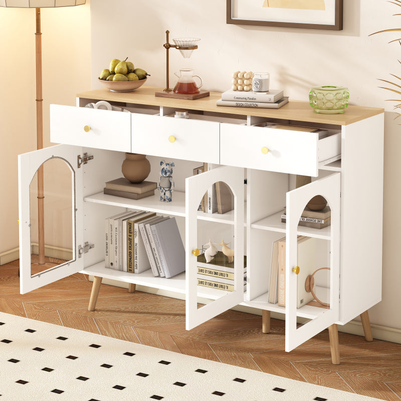 Sideboard mit 3 Schubladen und 3 gebogenen Türen mit breitem Schrank aus gehärtetem Glas für Buffettische in Küchen und Esszimmern, weiß und natur