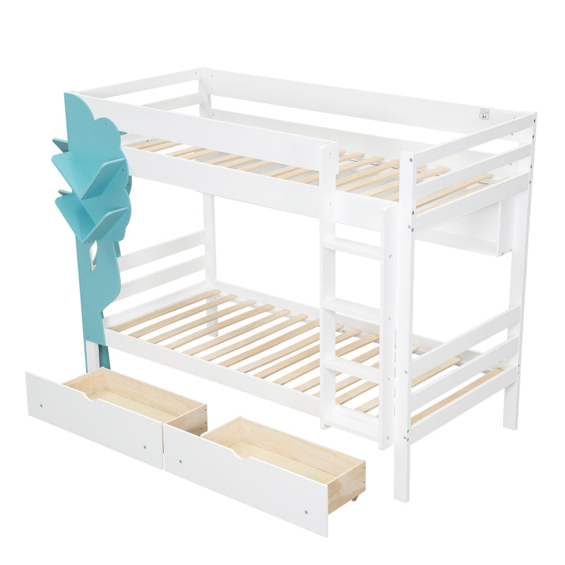 Etagenbett, Kreatives Kinderbett, Bücherregal in Baumform, Offenes Regal, Zwei Schubladen mit Rollen, Mit Fallschutzgitter, Reichlich Stauraum, Kiefer+MDF, Weiß+Blau, 90x200cm