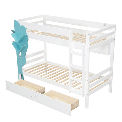 Etagenbett, Kreatives Kinderbett, Bücherregal in Baumform, Offenes Regal, Zwei Schubladen mit Rollen, Mit Fallschutzgitter, Reichlich Stauraum, Kiefer+MDF, Weiß+Blau, 90x200cm