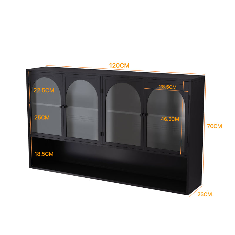 120CM Four-door Glass Wall Cabinet Storage, Wall-mounted,Suitable for Kitchen, Living Room, Bathroom(Black)