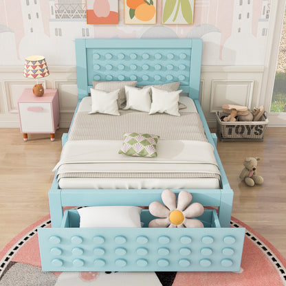 Holzbett Einzelbett 90x200 cm, Kinderbett Jugendbett mit Kreativem Block Design, Massivholz Bettgestell mit Lattenrost, mit Schubladen & Unterm Bett Stauraum, Ohne Matratze