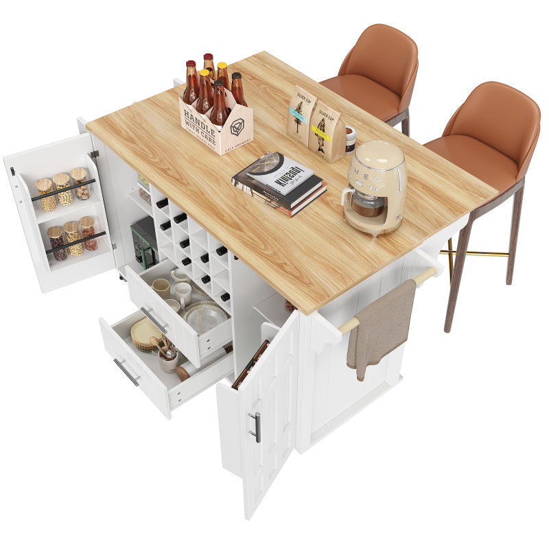 Kücheninsel mit herausnehmbaren Trennwänden, Esszimmerwagen mit Arbeitsplatte, Buffetschrank, Esszimmerwagen mit Holzmaserung, seitlicher Handtuchhalter, mit Weinregal, mit Rollen, weiß