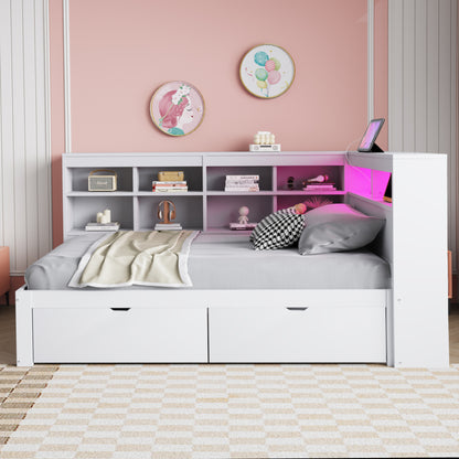 Massivholz-Einzelbett 90x200 Weiß mit LED & USB-Steckdose - Multifunktionales Schlafsofa mit Regalen, Ablagefächern & viel Stauraum, Weiß