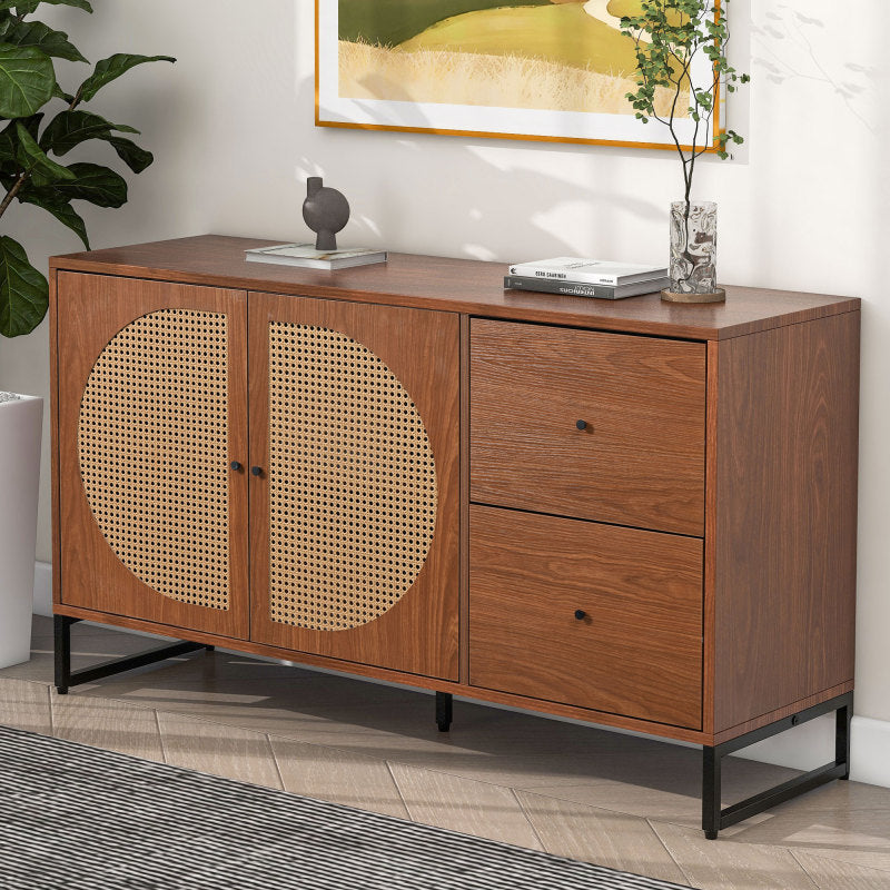 Sideboard mit 2 Rattan verzierten Türen und 2 Schubladen Kommode Küchenschrank, Mehrzweckschrank, Highboard mit Metallgriffe, für Schlafzimmer & Wohnräume & Büro