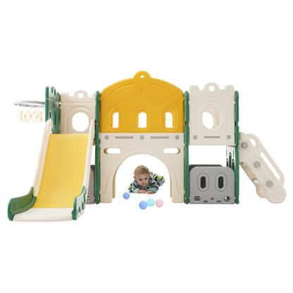 Mein kleines Schloss-Slide Kletterspielzeug für Kinder, 6 in 1 Kinderrutsche, Klettern, Bohrspiel, Stauraum, Spielgang, Basketballrahmen. Hergestellt aus HDPE (Enthält keine Meereskugeln)
