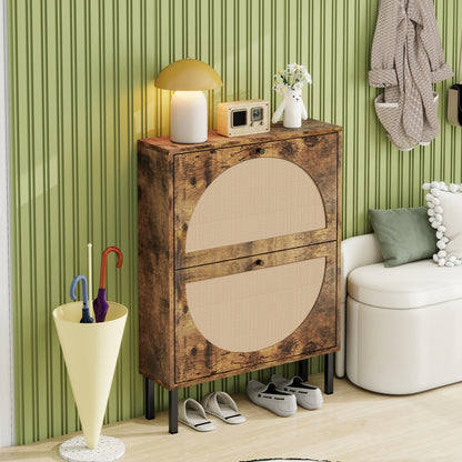Schuhschrank mit zwei Türen, austauschbaren halbrunden Türfronten und Rattan-Oberfläche, geeignet für den Eingangsbereich und andere Szenen, Vintage-Braun