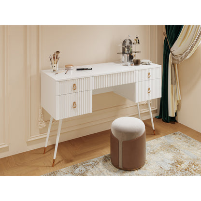 Weißer Schminktisch(Ohne Stühle), Enthält LED-Spiegel mit einstellbarer Helligkeit, luxuriösem vergoldetem Zubehör und mehreren Stauräumen, mit 4 Schubladen, Schreibtisch univer, Weiß