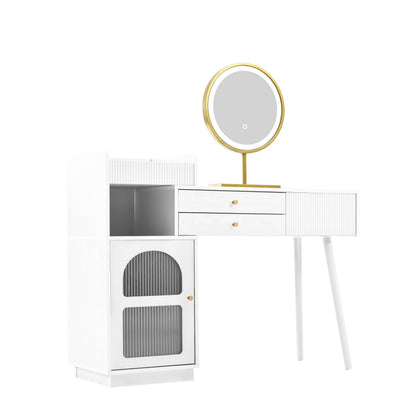 Kosmetiktisch-Set mit LED-Spiegel und 3-Farben-Beleuchtung, Schminktisch aus Holz mit 3 Schubladen und Seitenschrank, ausziehbares Design - Maße: B120/H90/T40 cm (ohne Hocker)