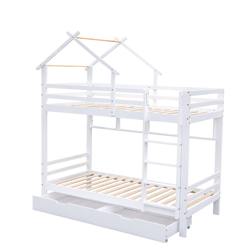 Etagenbett mit Schubladen und Regalen, Hausbett mit dreistufige rechtwinklige Leiter, Kinderbett mit Fallschutz und Gitter, Rahmen aus Kieferholz, Weiß (90x200cm)