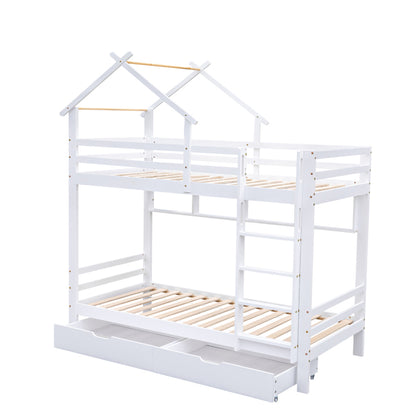 Etagenbett mit Schubladen und Regalen, Hausbett mit dreistufige rechtwinklige Leiter, Kinderbett mit Fallschutz und Gitter, Rahmen aus Kieferholz, Weiß (90x200cm)