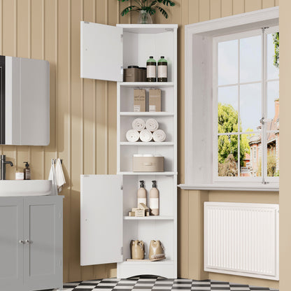36.5 x 24.5 x 170cmDreieckiger Badezimmerschrank, feuchtigkeitsbeständiger Lack, drei offene Ablagefächer, Doppeltüren, verstellbare Einlegeböden, platzsparend, weiß