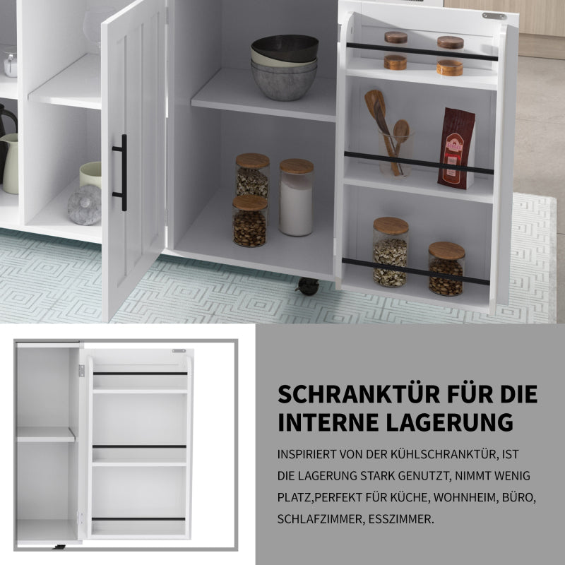 129x46(71)x91,5 cm großer Speisewagen/Sideboard, Arbeitsplatte mit Massivholzmaserung + Weiß Schrank/faltbare Arbeitsplatte/Aufbewahrungstür-Design/Räder/Massivholzfüße umschaltbar/für Zuhause geeig