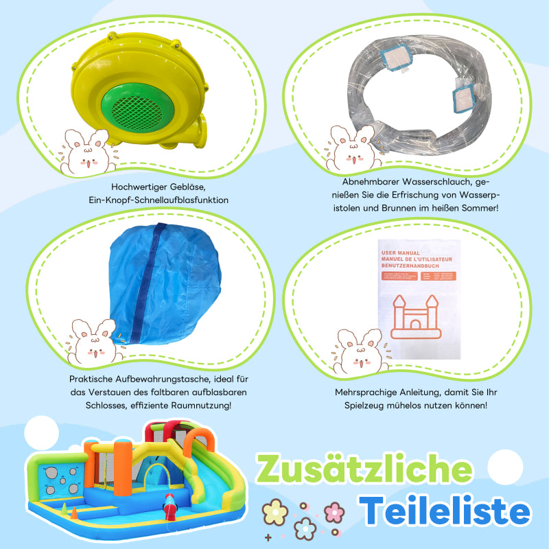 [Ganzjähriger Spielspaß] Hüpfburg mit Gebläse Multifunktionaler Wasserpark+Trampolinpark für Kinder, Inklusive 450W-Gebläse
