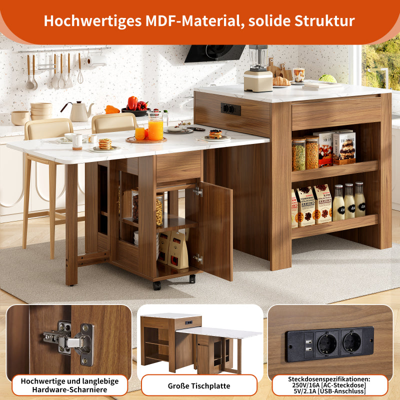 Ausziehbarer Bartisch mit Stauraum(110-124×78×97.5cm), für 2-6 Personen, Kücheninseln mit 2 Schubladen, 2 seitliche offene Regale und eingebaute Steckdose,Tischplatte aus weiß marmoriertem MDF,Braun
