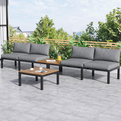 Garten-Lounge-Set (2 Zweisitzer, 2 Beistelltische, 1 Tisch), Tischplatte aus massiver Akazie, Stoffbezug für Rückenlehne, grau(previous sku:HW00005AAE)
