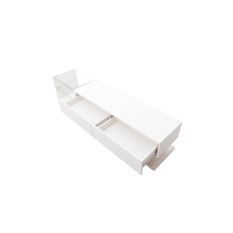 TV-Schränke, niedrige Paneele, hochglänzende weiße Glastrennwände und variable LED-Beleuchtung. Es verbindet natürlichen, rustikalen Stil mit modernem Design.