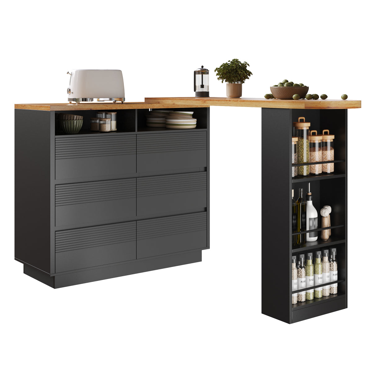 Ausziehbarer Bartisch (137-215cm) - Moderner Teleskop-Hochtisch mit 6 Schubladen & Stauraum - Bewegliche Kücheninsel, Stehtisch & Bistrotisch
