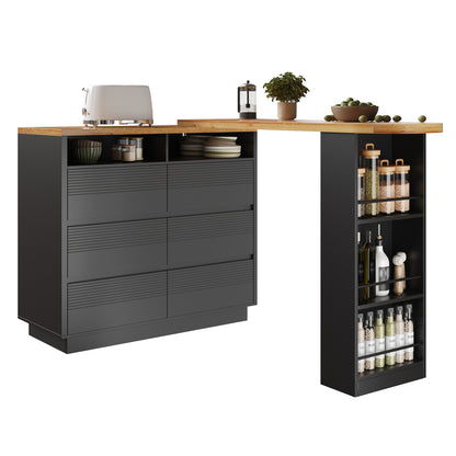 Ausziehbarer Bartisch (137-215cm) - Moderner Teleskop-Hochtisch mit 6 Schubladen & Stauraum - Bewegliche Kücheninsel, Stehtisch & Bistrotisch
