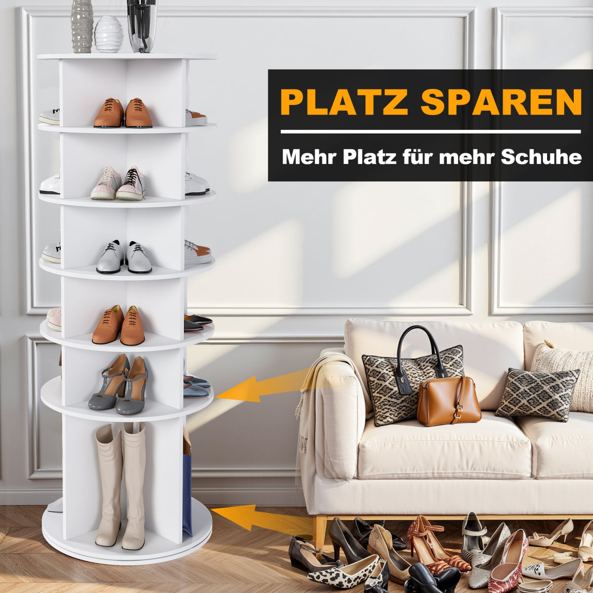 Drehbares Schuhregal 6 Etagen, 360°, Stiefelfach, 24 Paar, Weiß, 161 cm hoch