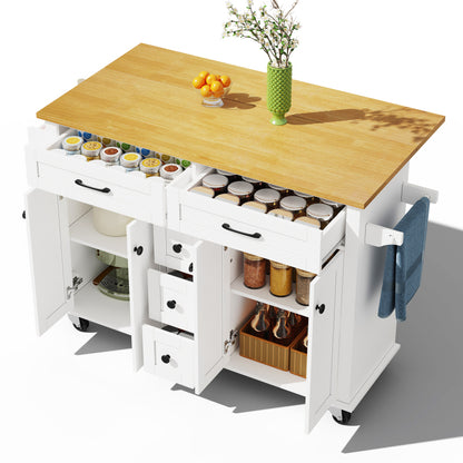 Multifunktionaler Küchenwagen mit ausklappbarer Arbeitsplatte, 120×65 cm erweiterbar, mit 5 Schubladen, Schränken, Gewürz- & Handtuchhalter, auf Rollen – Kücheninsel für Küche, Esszimmer & Wohnzimmer