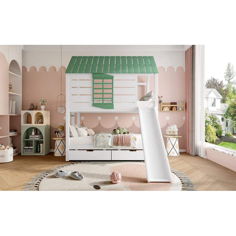 90X200 Haus-Etagenbett mit Rutsche und 2 Schubladen, Weiß+Grün