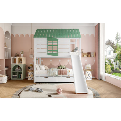 90X200 Haus-Etagenbett mit Rutsche und 2 Schubladen, Weiß+Grün