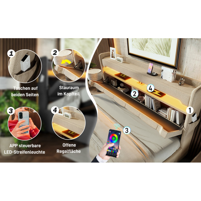 Polsterbett Doppelbett 160*200, Stauraum Kopfteil mit USB und Typ C-Port ,360-Surround-LED-Funktion rund um Kopf- und Fußende des, Betten mit Hydraulisch Stauraum, Beige , Leinen(Ohne Matratze)