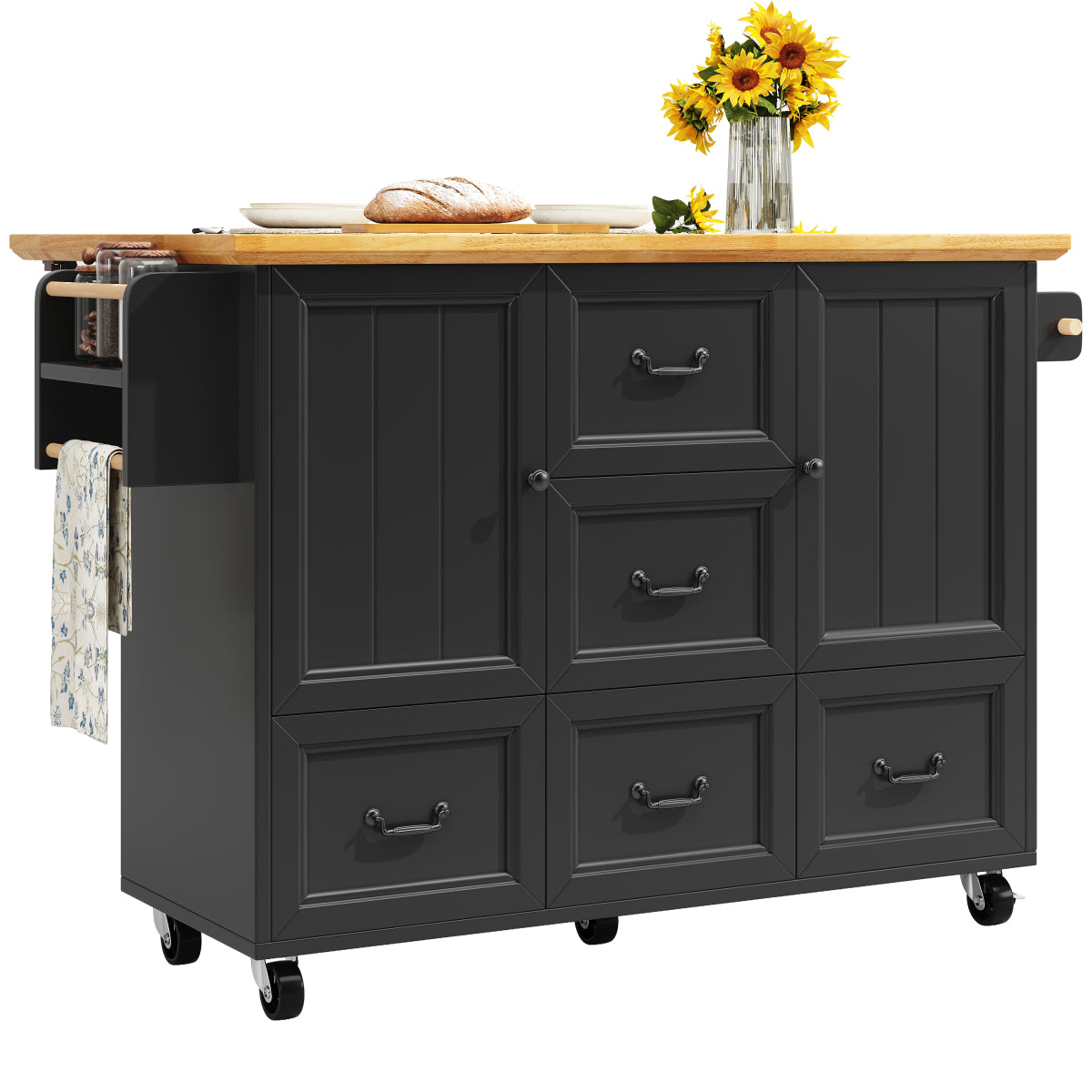 Kücheninsel mit Rollen & klappbarer Arbeitsplatte, Küchenwagen mit 5 Schubladen, Handtuchhalter & Gewürzregal, Sideboard 120cm, Weiß/Schwarz