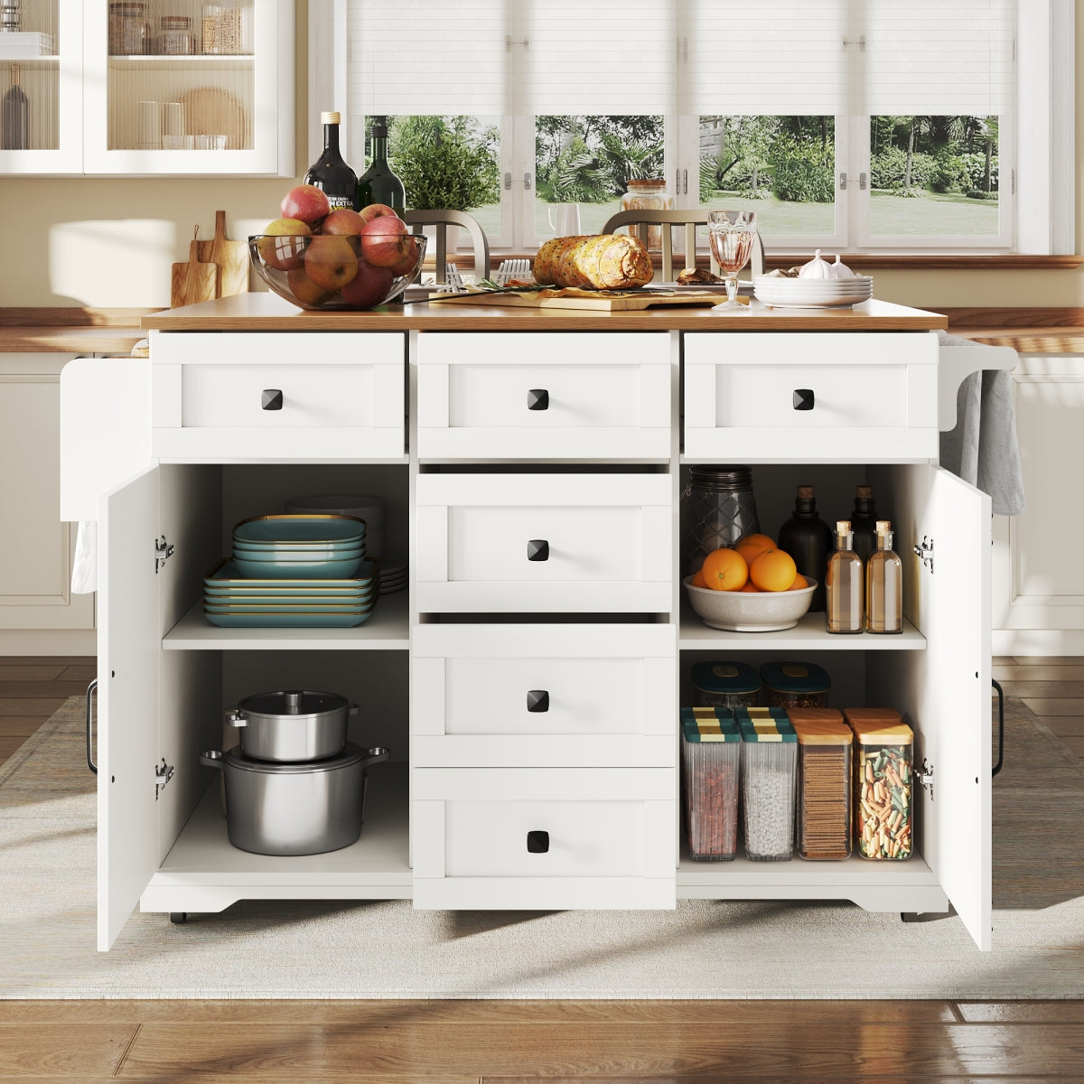 Kücheninsel 147cm klappbar Servierwagen Weiß & Holzoptik, Multifunktionaler Esstisch & Buffetschrank, Mobiler Küchenwagen mit Stauraum
