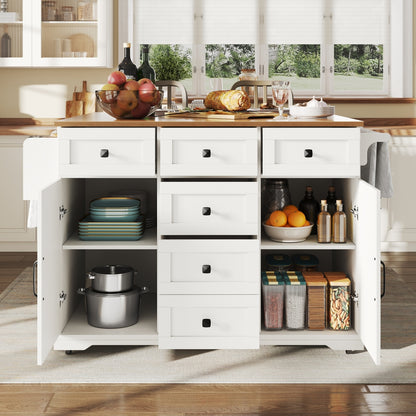Kücheninsel 147cm klappbar Servierwagen Weiß & Holzoptik, Multifunktionaler Esstisch & Buffetschrank, Mobiler Küchenwagen mit Stauraum