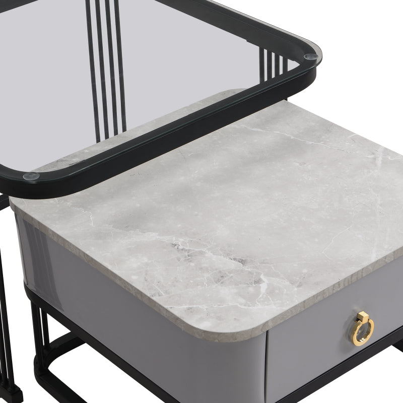 Stapelbarer Couchtisch: hochglänzende Marmoroptik und Glasplatte, schwarze Beine, Beistelltisch mit Schubladen im 2er-Set
