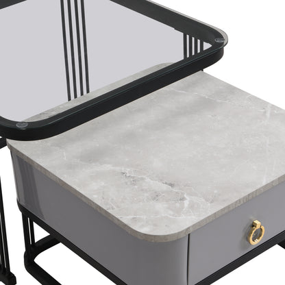 Stapelbarer Couchtisch: hochglänzende Marmoroptik und Glasplatte, schwarze Beine, Beistelltisch mit Schubladen im 2er-Set