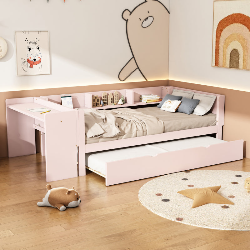 Flachbett, Holzbett, 140x200cm, mit Schreibtisch, ausgestattet mit 2 Schubladen, Doppelbett(Ohne Matratze), mit Regalen, Kiefer + Spanplatte, Rosa