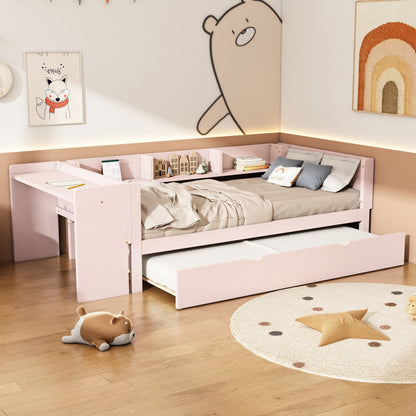 Flachbett, Holzbett, 140x200cm, mit Schreibtisch, ausgestattet mit 2 Schubladen, Doppelbett(Ohne Matratze), mit Regalen, Kiefer + Spanplatte, Rosa