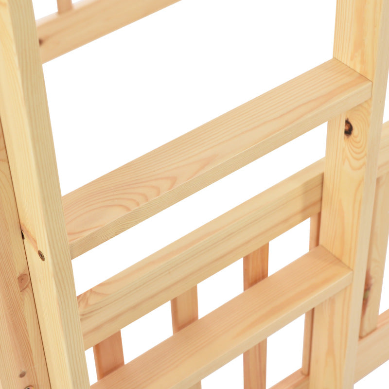 Etagenbett mit rechtwinkliger Treppe, Bett mit Zäune und Türchen, Kinderbett mit Fallschutz und Gitter, Massivholz, natur (200x90cm)
