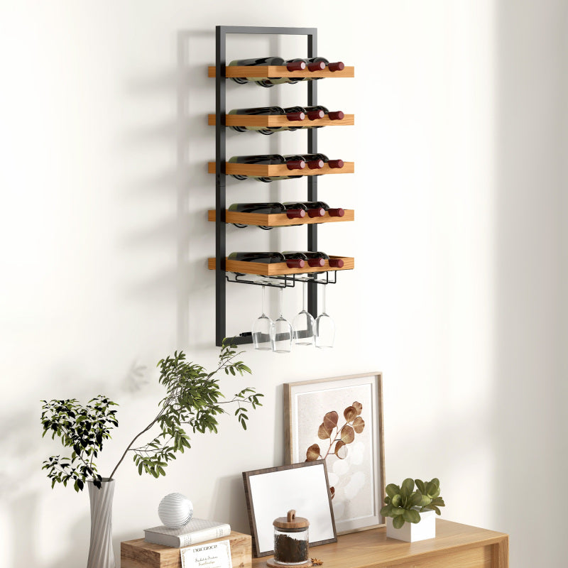 Weinregal wandmontierbar mit 5 Ebenen, Weinständer für 15 Flaschen und 4 Gläser, Kiefernholz, Stahl, für Küche Esszimmer Bar, Braun