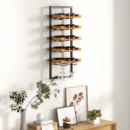 Weinregal wandmontierbar mit 5 Ebenen, Weinständer für 15 Flaschen und 4 Gläser, Kiefernholz, Stahl, für Küche Esszimmer Bar, Braun