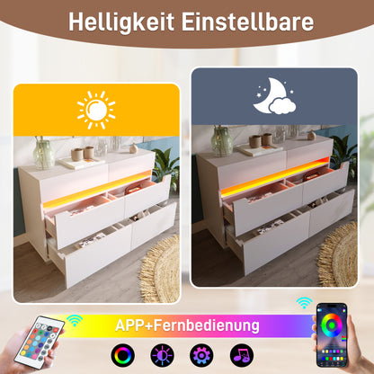 Kommode, Sideboard Holz mit 6 Schubladen, LED Beleuchtung (App Control), Mehrzweckschrank für Wohnzimmer und Schlafzimmer, 71 x 120 x 40 cm, Weiß