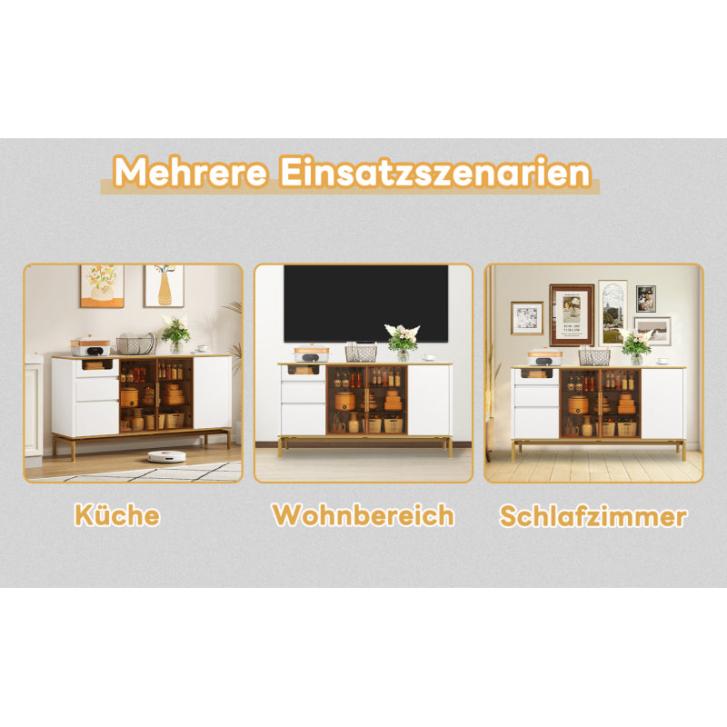 Elegantes Sideboard 150Lx40Bx80H cm, weiß, Arbeitsplatte aus Marmor, goldene Zierleiste - Moderner Stauraumschrank mit Glas- und Holzfächern