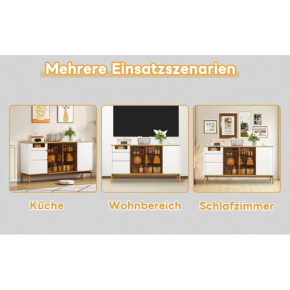 Elegantes Sideboard 150Lx40Bx80H cm, weiß, Arbeitsplatte aus Marmor, goldene Zierleiste - Moderner Stauraumschrank mit Glas- und Holzfächern