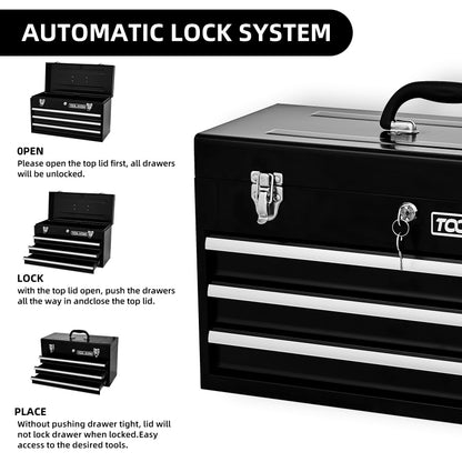 20,3 Zoll großer Werkzeugkasten aus Metall mit Schubladen. Tragbarer Werkzeugkasten aus Stahlmetall mit Schutzauskleidung (Schwarz, 3 Schubladen)