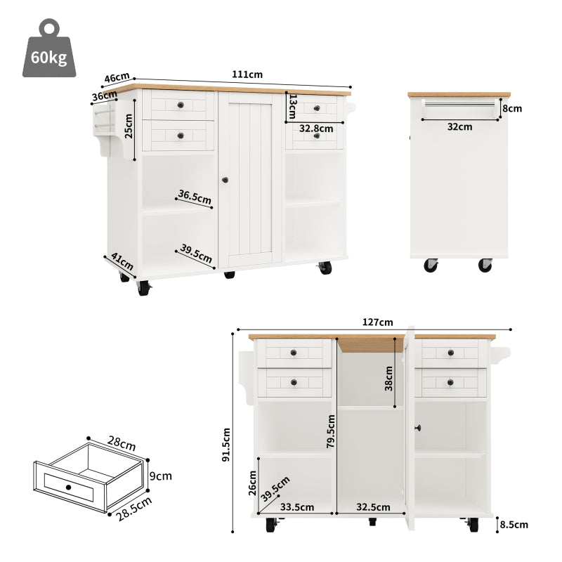Moderne Kücheninsel (127×46×91,5cm) Küchenschrank Essschrank mit Holzmaserung Esswagen mit multifunktionalem Stauraum und herausnehmbaren Trennwänden, weiß